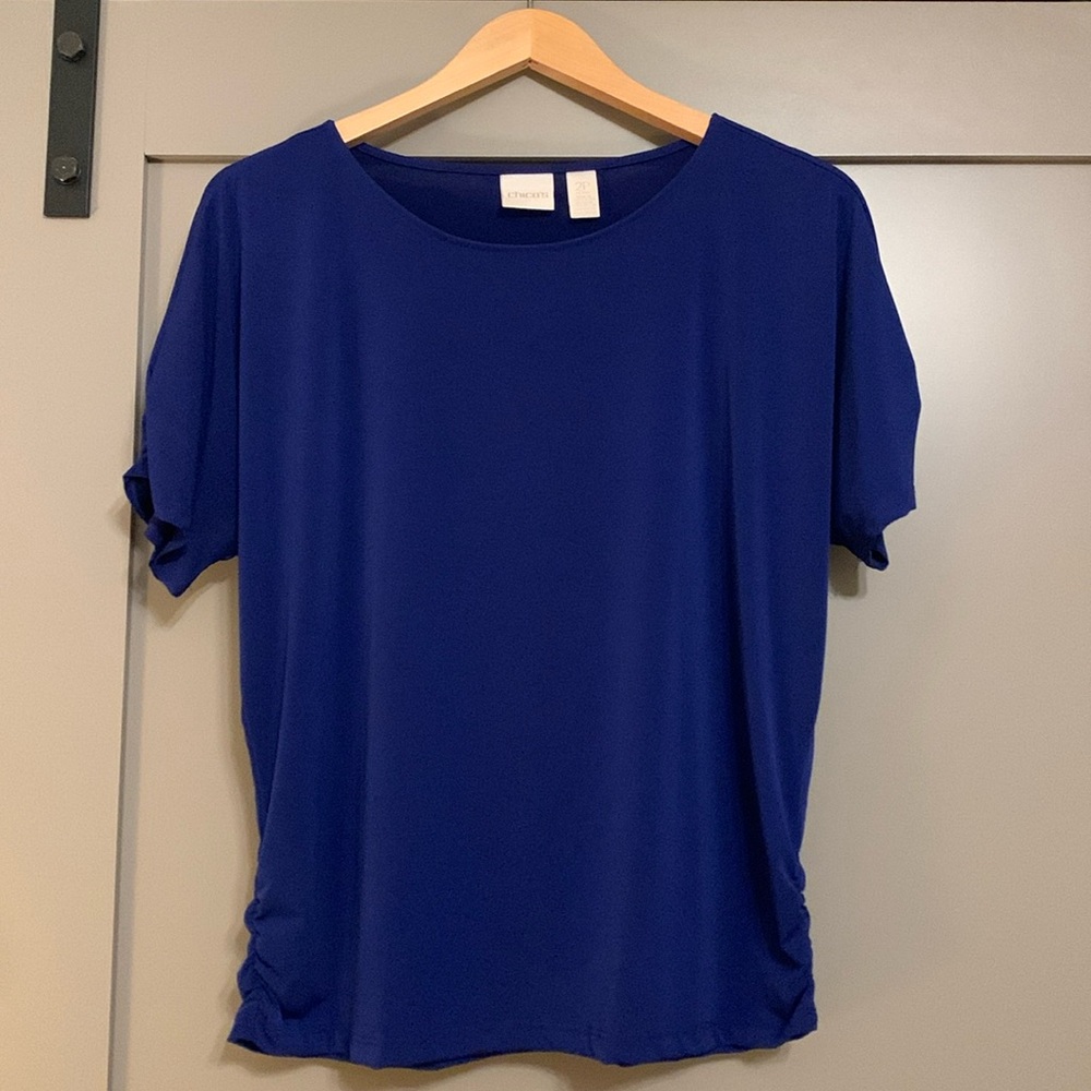 Chicos Blouse Women's Blue Vintage Short Sleeve Stretch Top Dolman Small Size 2P